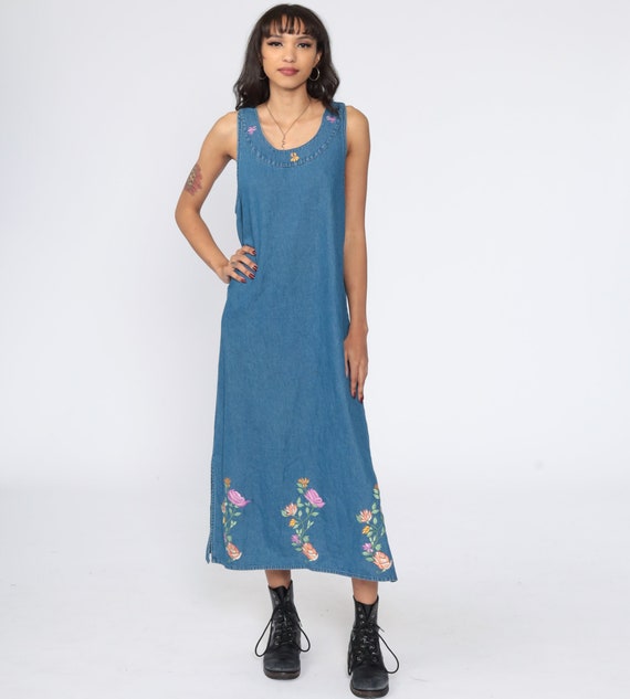 Floral Denim Dress EMBROIDERED Dress 90s Midi Jea… - image 2