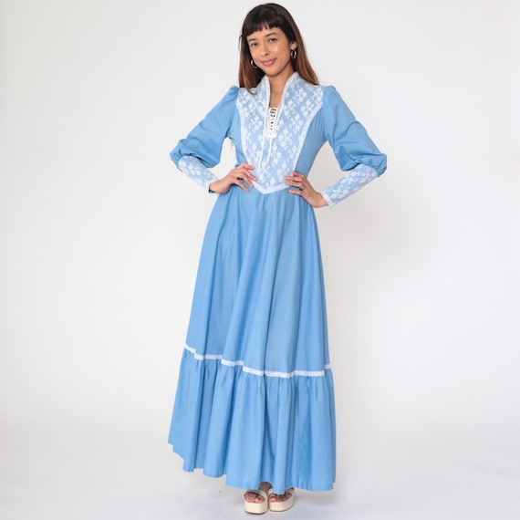 70s Prairie Dress Blue Lace Bib Victorian Maxi Boho Lace Up Corset Long Puff Sleeve 1970s Bohemian Long Cottagecore Formal Prom Hippie Small