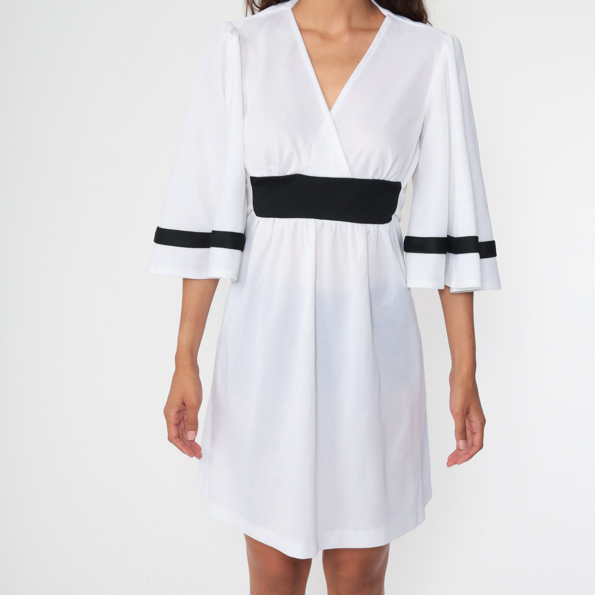 Angel Sleeve Dress White Babydoll Dress 70s Mini Bohemian Bell SLeeve Empire Waist Black 1970s 