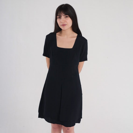 Black Shift Dress 90s Mini Dress Empire Waist Party Square Neckline Short Sleeve Chic Classic LBD Little Black Vintage 1990s Rabbit Small 6