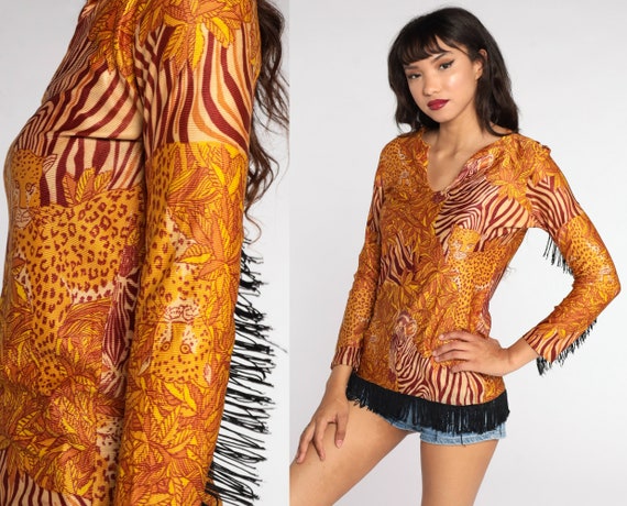 Fringe Leopard Shirt 70s Top Animal Print Blouse Graphic Zebra Shirt All Over Print Shirt Boho Jungle Print Safari Vintage Small S