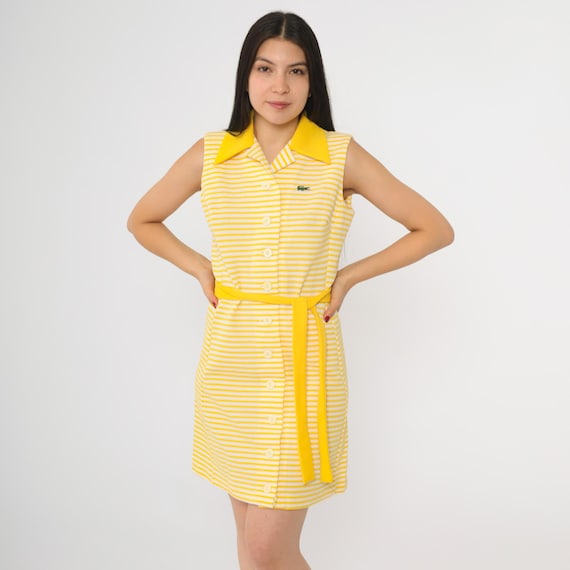 Vintage 60s Chemise Lacoste Dress Yellow Striped Mod Mini Dress Button Up Tennis Shift Crocodile Space Age 1960s Twiggy 70s Minidress Small