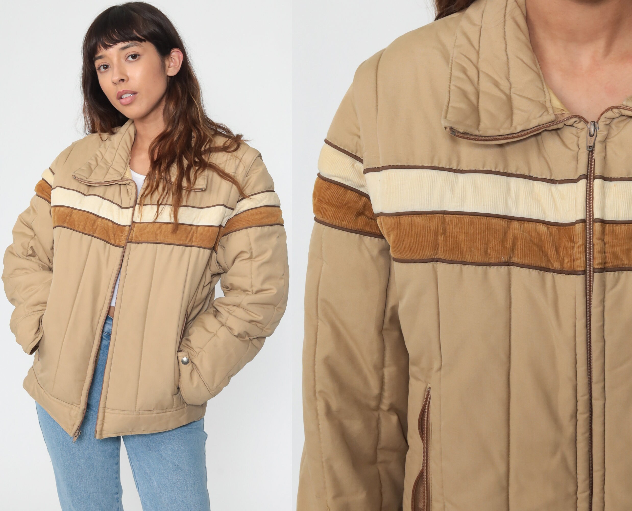 70s Ski Jacket Tan Brown CORDUROY Puffy 