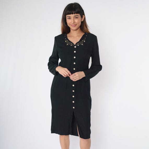 Vintage Black Beaded Dress 90s Sheath Long Sleeve Button Up Midi Dress Front Slit Party Evening Pencil Night Out Studded Medium 10 P Petite