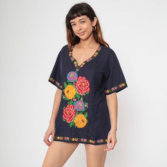 Embroidered Floral Blouse Vibrant Navy Blue Top Y2K Hippie Shirt Flower Shirt Boho Tunic Top 00s Bohemian Vintage Festival Large L