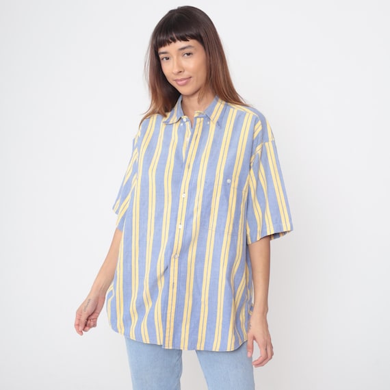 Vintage Striped Shirt 90s Blue Yellow Salty Dog Vertical Stripes Short Sleeve Button Up Nautical Summer Vacation Cabana Wear Large L 14