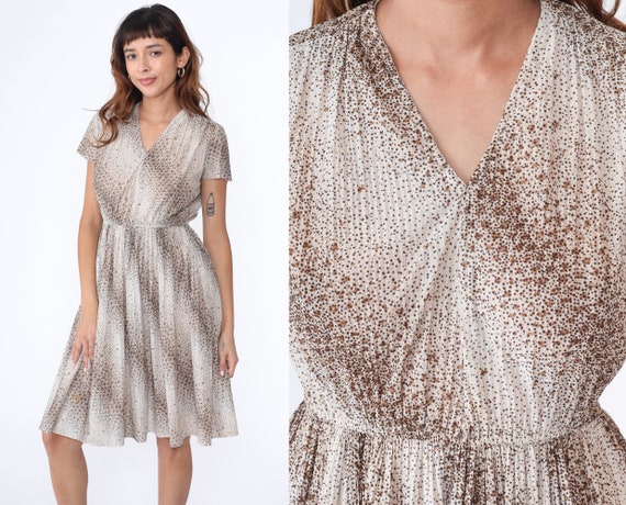 70s Midi Dress Brown Polka Dot Dress Striped V Neck Dress Disco Confetti 1970s Boho High Waisted Retro Vintage Short Sleeve Bohemian Small