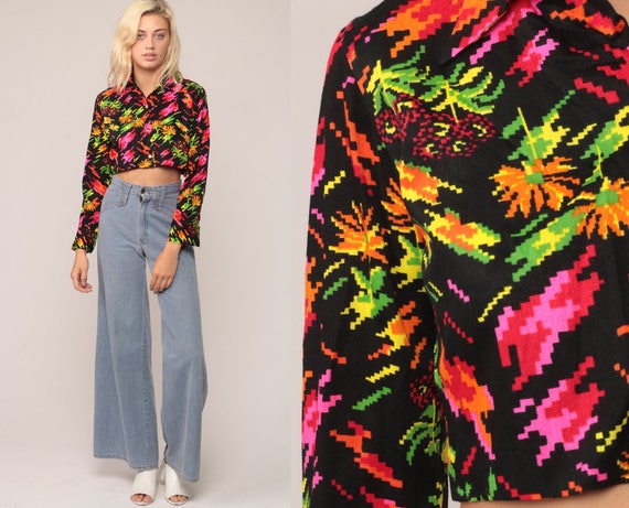 Floral Crop Top 70s Blouse NEON Shirt PIXELATED FLOWERS Boho Button Up Bohemian 1970s Vintage Hippie Long Sleeve Small Medium