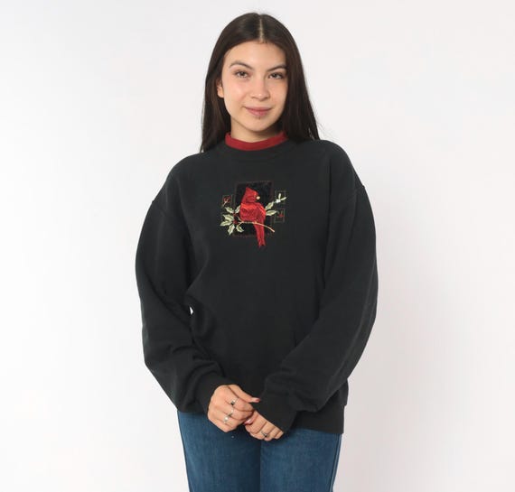 Cardinal Embroidered Sweatshirt 90s Bird Holly Black Burgundy Collar Nature Wildlife Cotton Top Stitch Winter Holiday Christmas Medium M