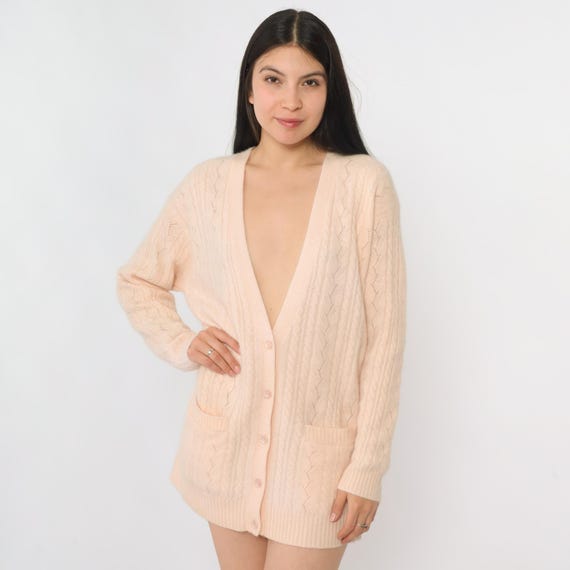 Vintage Wool Angora Cardigan 80s 90s Pastel Pink Cable Knit Button up Sweater Pointelle Cableknit Deep V Neck 1990s Oversized Extra Small xs