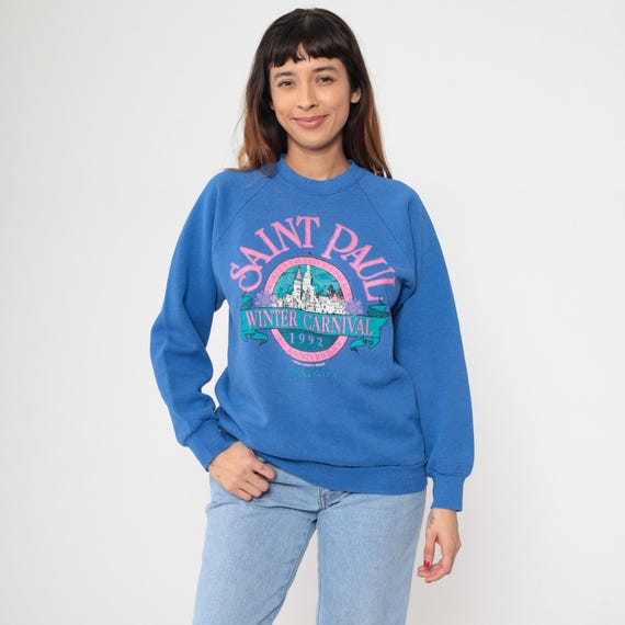 Saint Paul Sweatshirt 90s Winter Carnival Minnesota 1992 Blue Crewneck Vintage Tourist Souvenir Raglan Long Sleeve Souvenir  Large L