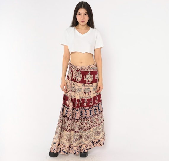 Indian Block Print Wrap Skirt 70s Elephant Camel Peacock Burgundy Navy Cotton Maxi Tie Waist Floor Length Festival Animal Small Medium Large