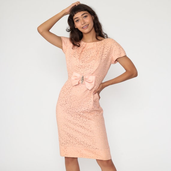 Lace Cocktail Dress 60s Wiggle Midi Party Pink BOW Prom 1960s Hourglass Sixties Vintage Formal Sheath Mad Men Pencil Small