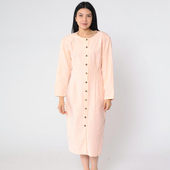 Vintage Pink Button Up Dress 80s Sheath Pencil Dress Snap Closure Wiggle Midi 1980s Long Sleeve Plain Solid Small Medium