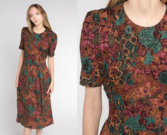 Brown Floral Dress 90s Midi Dress Retro Rose Flower Print High Waist Short Puff Sleeve Rayon Pleated Casual Dress Vintage 80s Small S 6