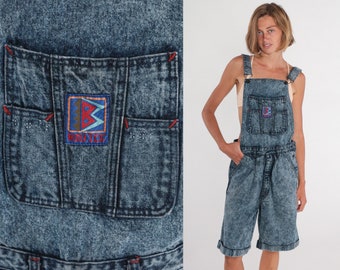 Acid Wash Overall Shorts 80s Backless Denim Shortalls Blue Jean Romper Cuffed Knee Length Shorts Retro Suspender Bib Vintage 1980s Medium M