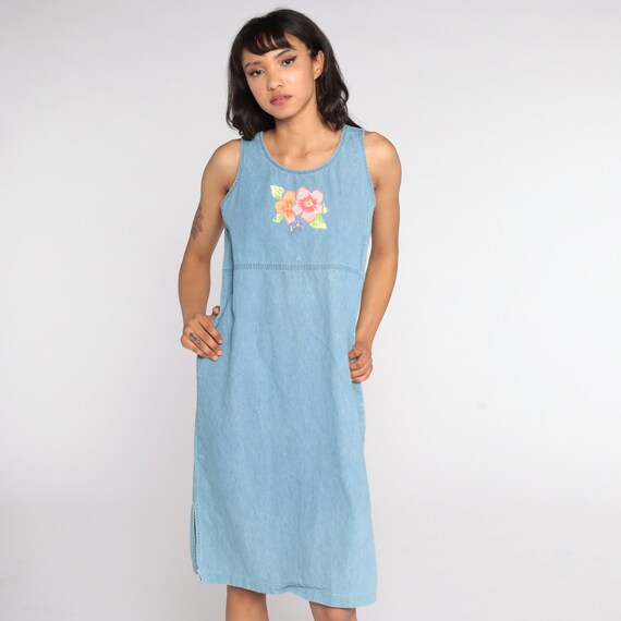Denim Jumper Dress Floral Denim Overall Pinafore Dress 90s Jean Dress 1990s Grunge Blue Vintage Sleeveless Petite Medium