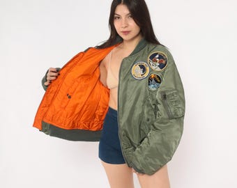 90s MA-1 Bomber Jacket Olive Green Reversible Orange Flight Coat Patches Quilted Zip Front Military Aviation Pilot Vintage Unisex Large L