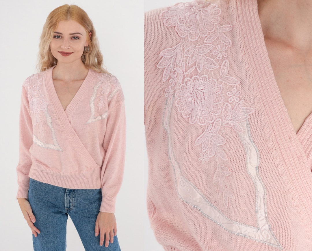 Pink Floral Sweater 80s 90s Knit Pullover Faux Wrap Sweater Flower ...
