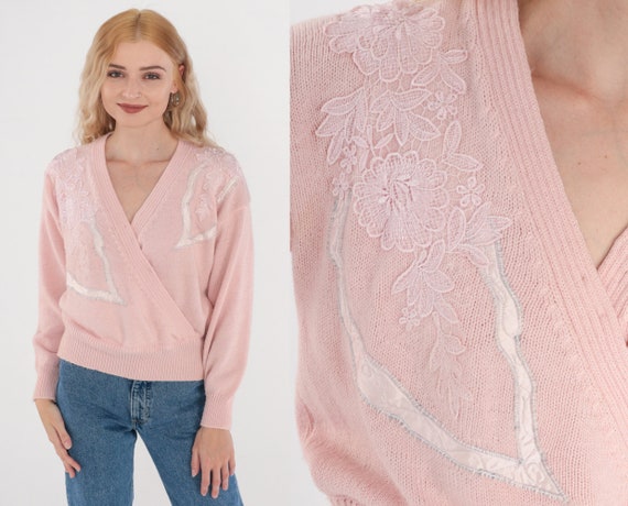 Pink Floral Sweater 80s 90s Knit Pullover Faux Wrap Sweater Flower Applique Embroidered V Neck Retro Girly Spring Vintage 1980s Medium M