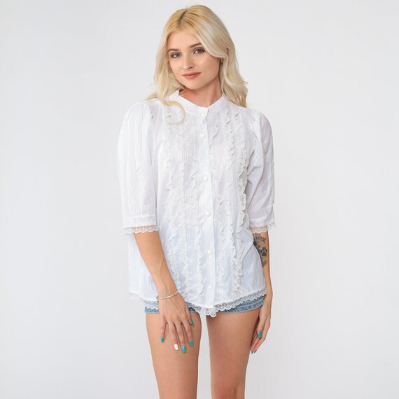 White Ruffle Blouse 70s 80s Boho Lace Top White Tuxedo Ruffle Shirt Party Button Up Vintage Bohemian 1980s Short Puff Sleeve Large