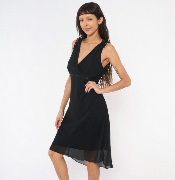 90s Black Chiffon Dress Surplice V Neck Sleeveless Tie Shoulder Ribbon Waist Wrap Bodice Cocktail Evening Party Feminine Vintage Large L