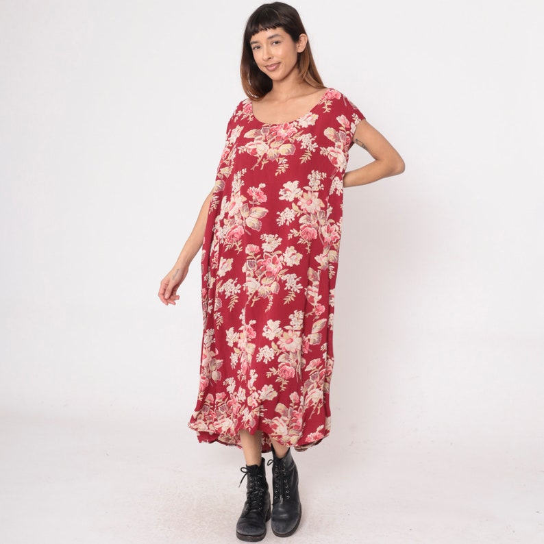 Red Floral Dress Y2k Plus Size Shift Dress Scoop Neck Sleeveless Midi Dress Summer Dress Retro Pink Rayon Vintage 00s 30 32 5xl image 4