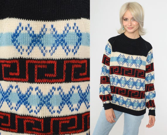 70s Wool Ski Sweater Geometric Print Sweater Striped Knit Pullover Black Blue Red Bohemian Crewneck Retro Raglan Sleeve Vintage 1970s Small