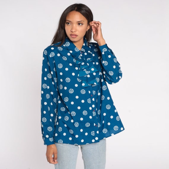 Blue Floral Shirt 80s Jabot Ruffle Neck Blouse Polka Dot Button Up Shirt 1980s Vintage Long Sleeve Geometric Patterned Blouse Retro Large L