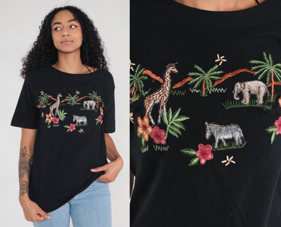 Safari Tshirt Embroidered Animal T Shirt 00s Giraffe Elephant Shirt Zebra Jungle Tshirt Graphic T Shirt Vintage Black Small S