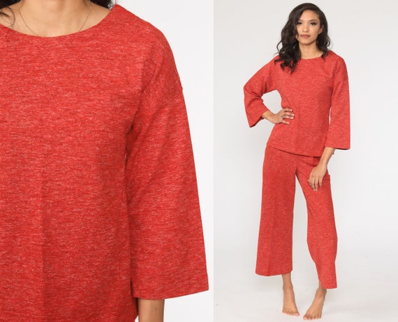 70s Outfit Women Bell Bottoms PANTS + TOP 70s Jumpsuit Set Boho Shirt Two Piece Bohemian Mod Hippie Vintage Trousers Red Small 4