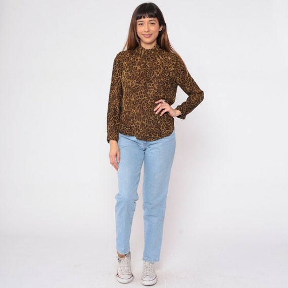 Leopard Print Shirt 90s Silk Blouse Mock Neck Top Long Sleeve Cheetah Animal Print Boho Mockneck Glam Bohemian Hippie Vintage 1990s Medium M