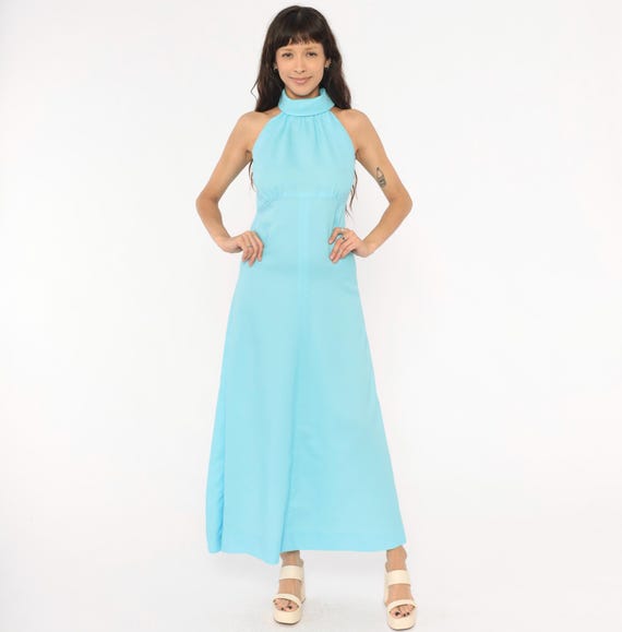 70s Sky Blue Halter Dress Maxi High Neck Sleeveless Powder Gown Backless Summer Spring Hippie Bohemian Formal Evening Vintage Small S