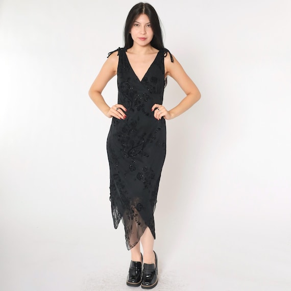 Y2K Sparkly Floral Dress Black Party Midi Cocktail 90s Hanky Hem Empire Waist Deep V Neck Vintage Glam Sleeveless Evening Going Out Small