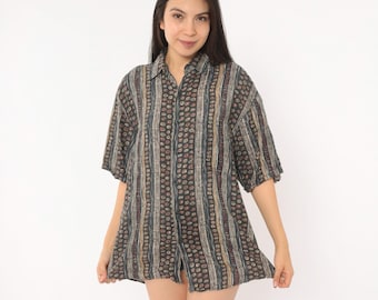 90s Abstract Print Silk Shirt Grey Burgundy Stripe Button Front Short Sleeve Camp Collar Blouse Relaxed Fit Summer Top Vintage Small S