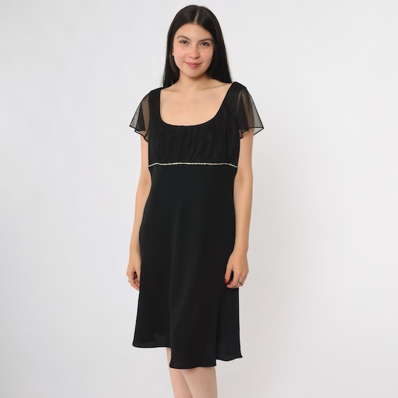 Y2K Party Dress Black Sheer Flutter Sleeve Mesh Overlay Rhinestone Waist Detail Grunge Evening Cocktail Style Square Neck Midi Length 12P