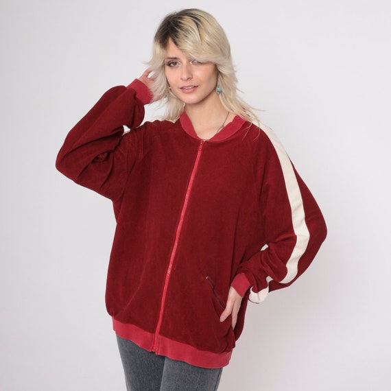 Velour Track Jacket 80s Burgundy Striped Zip Up Sweatshirt Warm Up Jacket Raglan Sleeve Retro 1980s Lee Extra Large xl