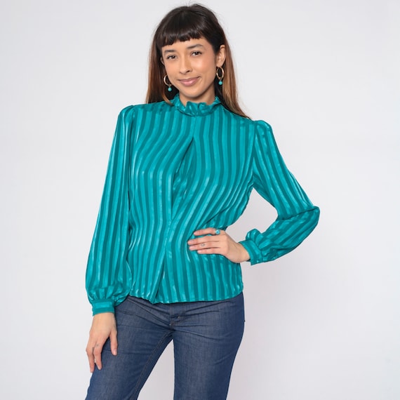 Shiny Striped Blouse 90s Teal Pleated Shirt Long Puff Sleeve Mock Neck Top Retro Secretary Mockneck Modest Chic Boho Vintage 1990s Medium M