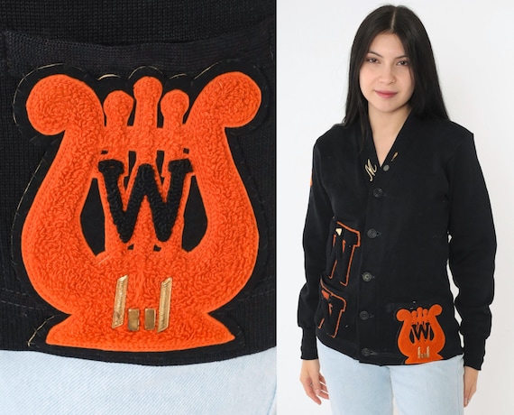 Vintage Black Varsity Cardigan 50s Wool Letterman Sweater