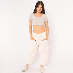 80s White Cotton Pants Barrel Leg Cropped Trousers Patch Pocket Tapered Balloon Leg Ankle Length Cream Baggy Pull On Vintage Large L