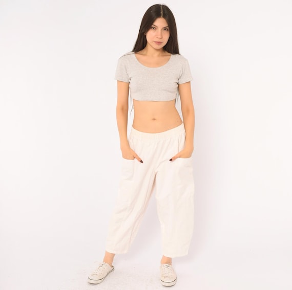80s White Cotton Pants Barrel Leg Cropped Trousers Patch Pocket Tapered Balloon Leg Ankle Length Cream Baggy Pull On Vintage Large L