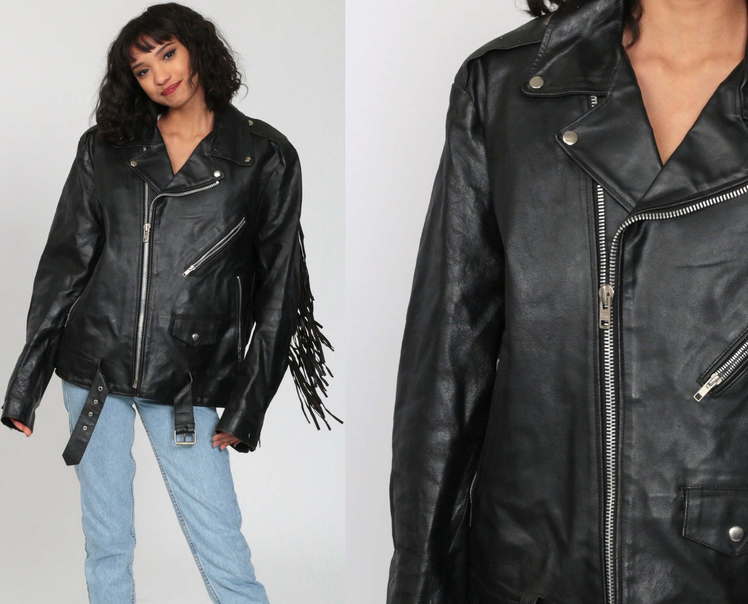 Leather Biker Jacket 80s Black FRINGE MOTORCYCLE Jacket 1980s Vintage ...