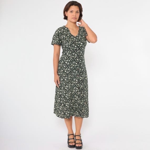 Vintage 90s Black Floral Dress Short Flutter Sleeve Midi Dress Button up Day Dress Daisy Retro Grunge Hippie Summer Casual 1990s Small S