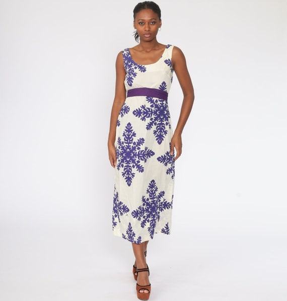 Hippie Boho Dress 70s Floral Midi Empire Waist White Purple Long 1970s Vintage Bohemian Sleeveless Garden Party Small xs s