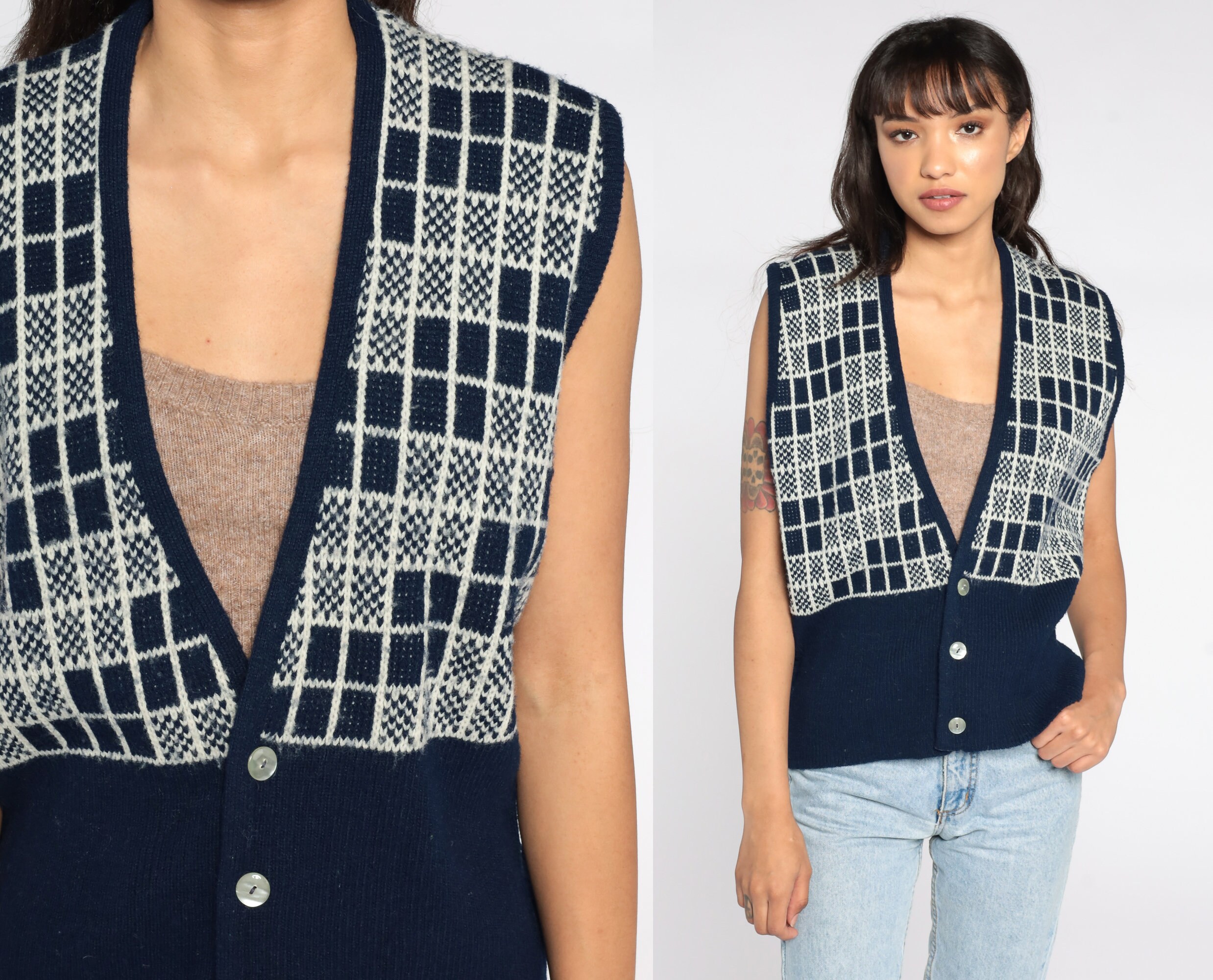Checkered Sweater Vest Top Knit Vest 