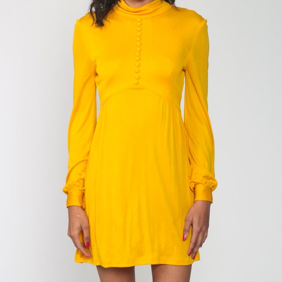 Yellow Babydoll Dress 1970s Mod Mini Dress Button… - image 8