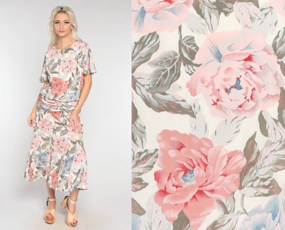 Floral Maxi Dress 90s Garden Party Dress Low Draped Waist Flower Print Evening Cocktail Ankle Length Short Sleeve Vintage 1990s Medium Large