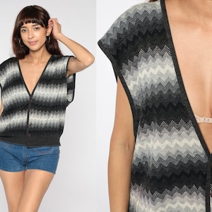 Striped Sweater Vest 90s Charcoal Grey Zig Zag Button Up Knit Tank Top Retro Preppy Sleeveless Sweater Knitwear Vintage 1990s Large L