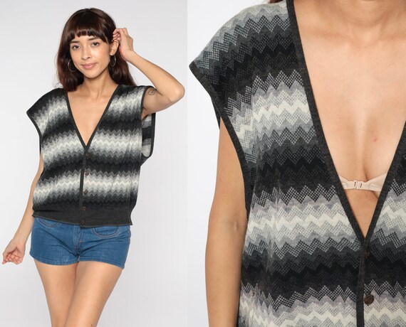 Striped Sweater Vest 90s Charcoal Grey Zig Zag Button Up Knit Tank Top Retro Preppy Sleeveless Sweater Knitwear Vintage 1990s Large L