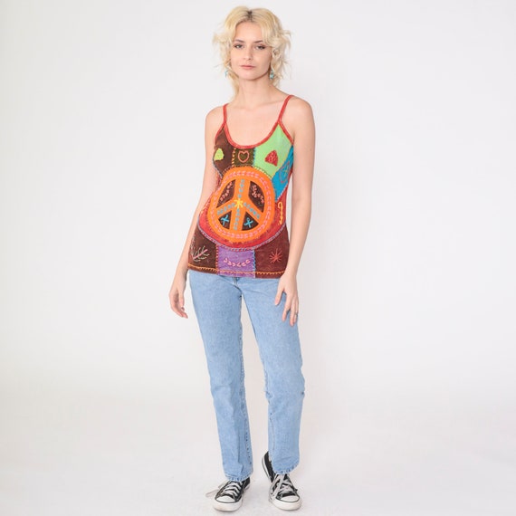 Peace Sign Tank Top Y2K Patchwork Hippie Shirt Em… - image 3